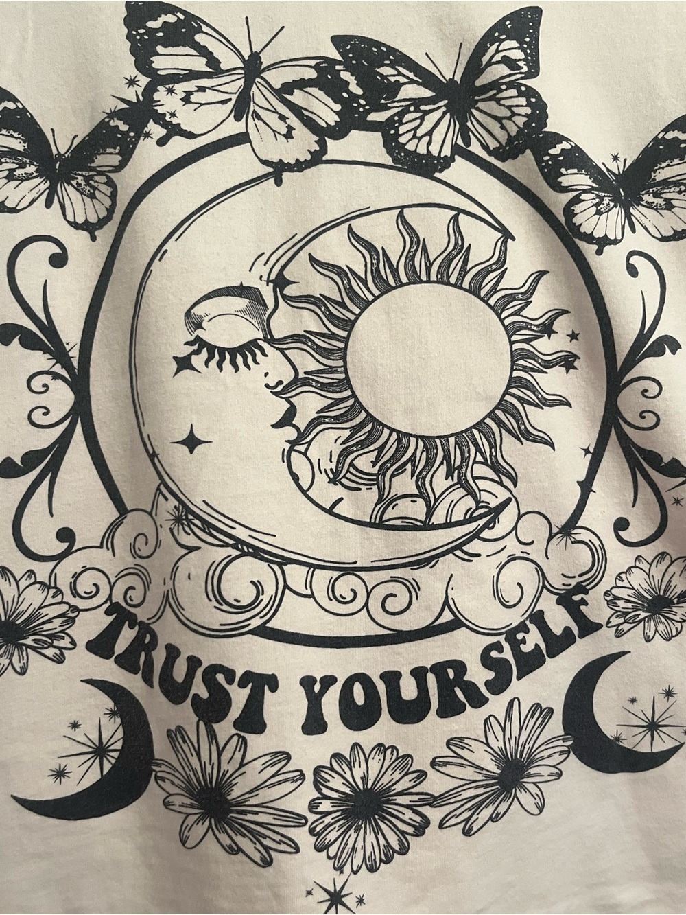 Faded Rose White Graphic Tee with Sun & Moon Butterfly Design. L. Celestial. - Picture 2 of 5
